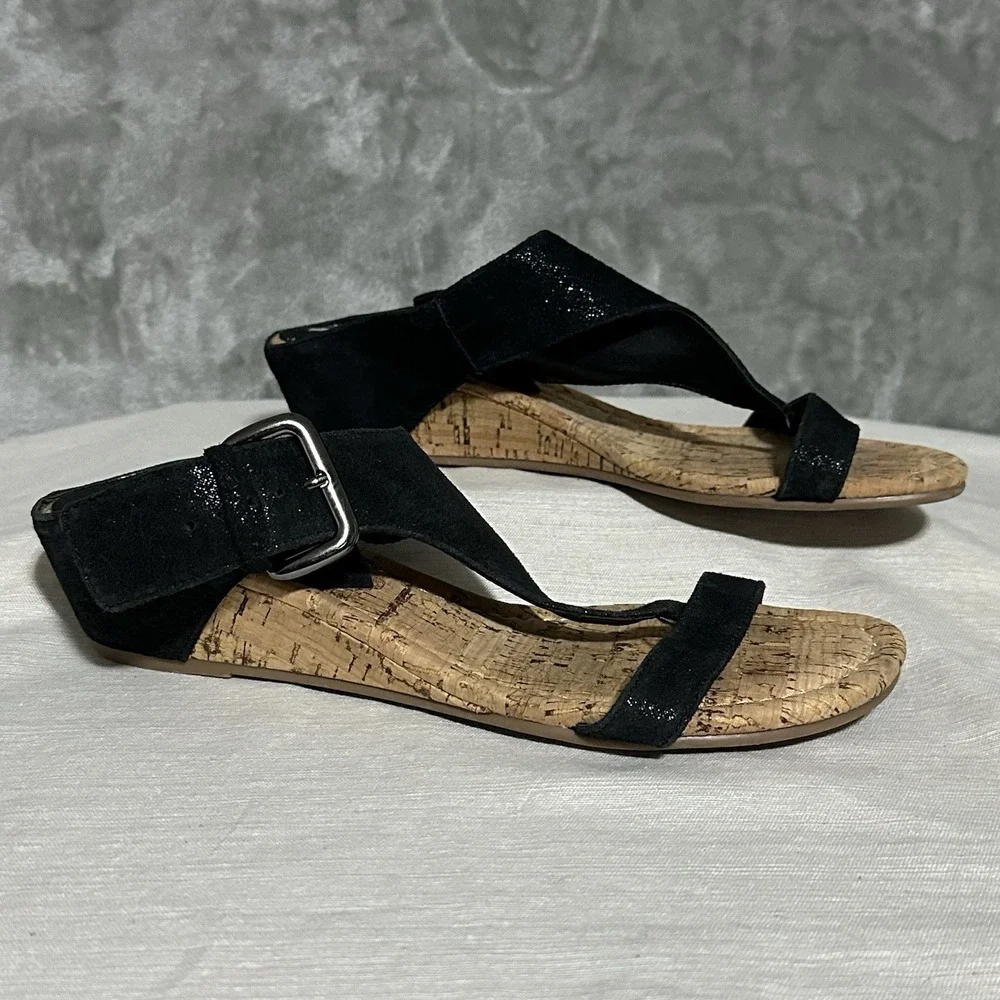 Donald Pliner Donni Metallic Leather Cork Thong Wedge Sandals Womens‎ 7.5M Black
